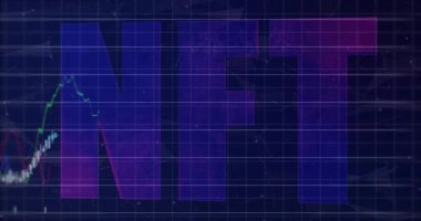 Dijital şebekede NFT metni üzerinde dalgalanan finansal grafik çizgilerinin animasyonu. Engelleme zinciri, kripto para birimi, pazar, yatırım, finans, veri