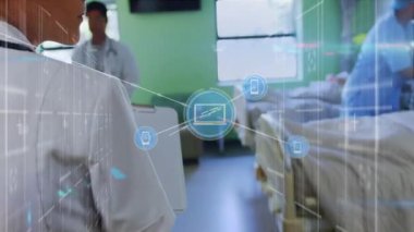 Hastane odasında, sağlık teknolojisi ikonları ve ağ bağlantılarının animasyonu. yenilik, dijital, bağlantı, tıp, fütüristik, modern