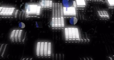 İkili kodlu dijital veri işleme animasyonu ve hareket halindeki parıldayan şekiller. Teknoloji, fütürist, siber uzay