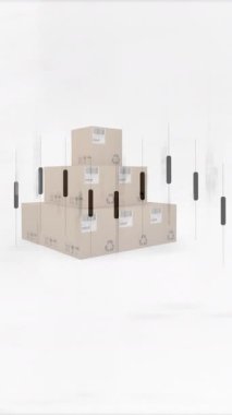 Beyaz arka plandaki karton kutuların üzerinden geçen istatistiklerin canlandırması. küresel nakliye, iş ve veri işleme kavramı dijital olarak oluşturulmuş video.