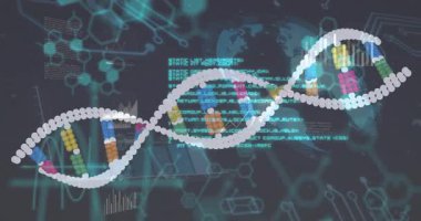 İkili kodlama ile DNA ipliği, bilimsel verileri animasyon tarzında işliyor. Biyoteknoloji, genetik, gelecek, yenilik, bilim, moleküler