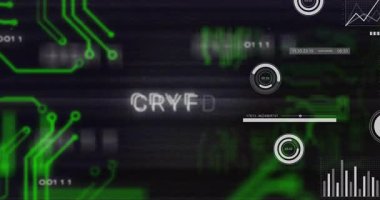 Yeşil CRYPTO metni üzerinde dijital grafikler ve veri işleme animasyonu. Teknoloji, siber güvenlik, finans, engelleme zinciri, kripto para birimi, analiz