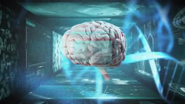 Okulda mavi teknoloji geçmişi olan gelecekteki dijital beyin hologramının animasyonu. Yapay zeka, teknoloji, siber, nöron, holografik, yenilik