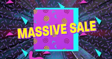 Renkli geometrik şekiller ve şablonlar. Animasyon halinde Massive Sale metni. Promosyon, reklam, perakende, indirim, canlı, göz alıcı.