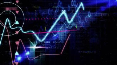 Dünya haritasının arka planında borsa grafikleri ve dijital finansal verilerin animasyonu. Maliye, borsa, ticaret, küresel, ekonomi, analitik
