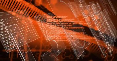 Laboratuvarda bilimsel veriler, DNA dizileri ve ikili kodlama animasyonları işleniyor. Bilim, biyoteknoloji, araştırma, yenilik, analiz, genetik