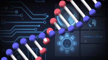 Bilimsel veriler işleniyor, DNA dizilimi ikili kodlama ile canlandırılıyor. Biyoteknoloji, genetik, dijital, yenilik, fütürist, teknoloji