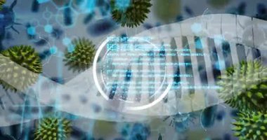 Bilimsel animasyondaki virüs hücreleri üzerinde DNA ipliği ve dijital veri işleme. Biyoteknoloji, genetik, araştırma, laboratuvar, analiz, bilim