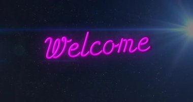 Parlayan neon pembe hoş geldin mesajı yıldızlı gece arkaplan animasyonuna karşı. fütüristik, tasarım, gece, dijital, kozmik