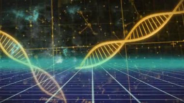 DNA iplikleri ve dijital şebeke üzerinde bilimsel veri işleme animasyonu. Biyoteknoloji, genetik, analiz, yenilik, laboratuvar, geleceksel