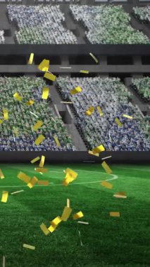 Spor stadyumunun üzerine düşen altın konfetilerin animasyonu. rekabet, spor ve yarışma konsepti dijital olarak oluşturulmuş video.