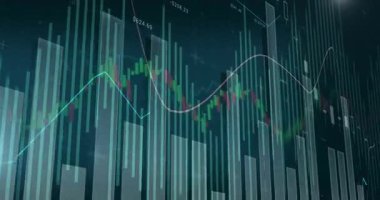 Grafikler ve şamdan desenleriyle dalgalanan finansal veri grafiklerinin animasyonu. Maliye, borsa, yatırım, analitik, ekonomi, ticaret