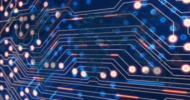 Parlak düğümlü ve veri işleme animasyonlu gelecekçi dijital devre kartı. Teknoloji, elektronik, yenilik, devre, yapay zeka, gelecek.