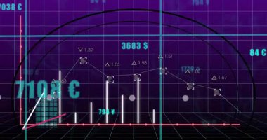 Mor şebeke arka planında para birimi sembolleri olan dijital finansal verilerin animasyonu. Finans, yatırım, ekonomi, teknoloji