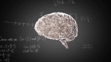 Matematiksel denklemleri olan beyin animasyonu ve karanlık arka planda grafikler. Beyin fırtınası, sinir bilimi, hesaplamalar, teknoloji, matematik, yenilik