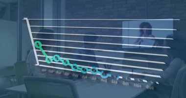 Finansal grafik animasyonuyla yapılan iş toplantısı insanlar üzerindeki veri eğilimlerini gösteriyor. finans, istatistik, analiz, şirket, strateji, takım çalışması