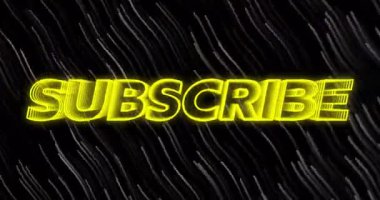 Dalgalı siyah ve beyaz arkaplan üzerine sarı metin ile parlayan abone animasyonu. dijital, pankart, eylem, hareket, grafik tasarımı çağrısı