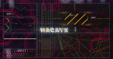 HACKED metin ve devre kalıpları ile gelecekteki dijital arayüzün animasyonu. Teknoloji, siber güvenlik, matris, hack, tehdit, ağ