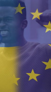 Afro-Amerikan erkek protestocu üzerine Ukrayna ve Avrupa Birliği Animasyonu. Ukrayna krizi ve uluslararası politika kavramı dijital olarak oluşturuldu.