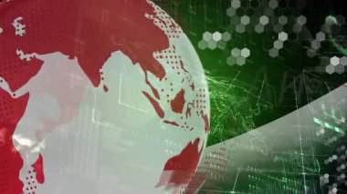 Yeşil arka planda dijital haber grafikleri olan kırmızı ve beyaz kürenin animasyonu. Flaş haber, dijital görüntü, küresel, yayın, teknoloji, gazetecilik