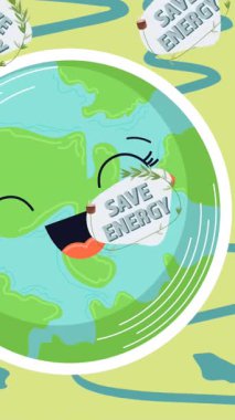 Mavi ve yeşil arkaplanda gülümseyen bir küre üzerinde enerji tasarrufu metninin canlandırması. Toprak, çevre ve sürdürülebilirlik kavramı dijital olarak oluşturuldu.