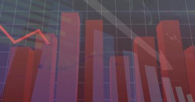 Izgara arkaplan animasyonunda aşağı doğru eğilimi gösteren kırmızı çizgi grafiği ve çizgi grafiği. Analiz, istatistik, görselleştirme, düşüş, veri analizi, finans