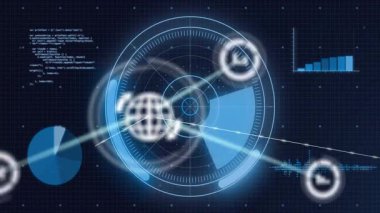 Dönen radar ve ağ bağlantıları animasyonuna sahip gelecekçi dijital arayüz. Teknoloji, yenilik, sanal, siber