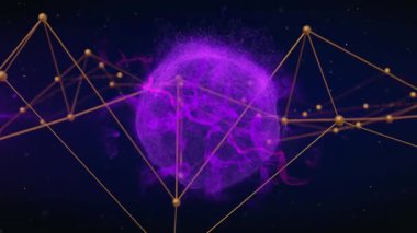 Koyu arkaplanda birbirine bağlı çizgiler olan mor parlak kürenin animasyonu. Soyut, geleceksel, dijital, bağlantı, teknoloji, ağ