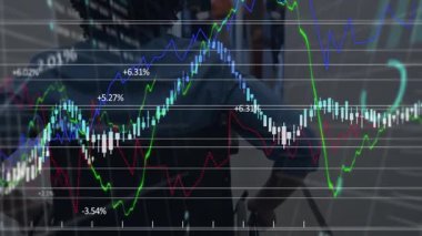 Ofiste, koridorda yürüyen insanları kapsayan finansal veri grafiklerinin animasyonu. İş, finans, analitik, şirket, teknoloji, hareket