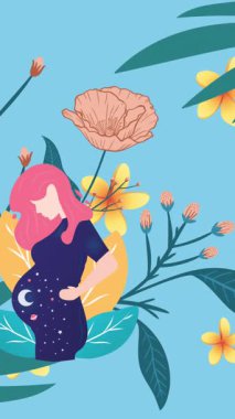 Mavi arka planda hareket eden çiçek ve yaprakların üzerindeki hamile kadın animasyonu. hamilelik, annelik ve üreme kavramı dijital olarak oluşturulmuş video.