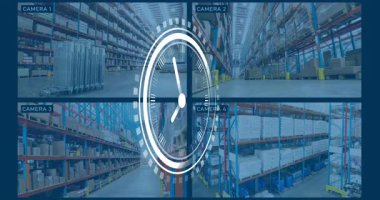 Saat animasyonu eşliğinde depo koridorlarının güvenlik kamerası görüntüleri. Güvenlik, izleme, lojistik, zaman aşımı, envanter, verimlilik