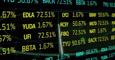 Şirket sembolleri ve yüzdelik değişiklikleriyle borsa saatinin animasyonu gösteriliyor. finans, yatırım, ticaret, ekonomi, veri, analiz