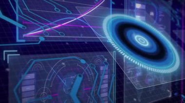 Fütürist dijital arayüz tasarımında parlayan grafikler ve dairesel veri animasyonu. Teknoloji, yenilik, analitik, sanal, görselleştirme, bilgi
