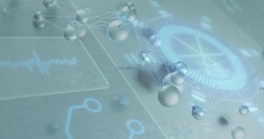 Geometrik ağ arkaplanı üzerinde animasyon veri ve bağlantıları işleniyor. Teknoloji, dijital, fütüristik, siber alan, görselleştirme