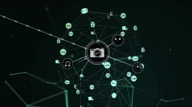 Dijital simgeleri ve okuldaki bağlantıları olan teknoloji ağının animasyonu. communication, education, connectivity, innovation, system