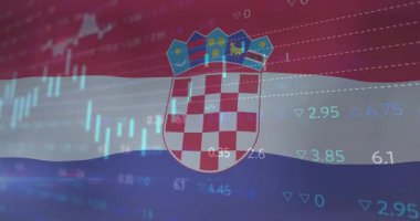Hırvat bayrağı ve silah animasyonu armasını kaplayan mali veriler ve grafikler. Maliye, ekonomi, analitik, yatırım, para birimi, istatistik