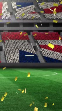 Spor stadyumunda Birleşik Krallık bayrağı üzerine düşen altın konfetilerin animasyonu. rekabet, spor ve yarışma konsepti dijital olarak oluşturulmuş video.