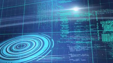 Mavi ızgaradaki dairesel desenlerle gelecekteki dijital arayüzün animasyonu. Teknoloji, yenilik, sanal