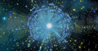 Uzayda dairesel desenlerde yayılan renkli parçacıkların animasyonu. Soyut, kozmik, galaksi, canlı, enerji, hareket