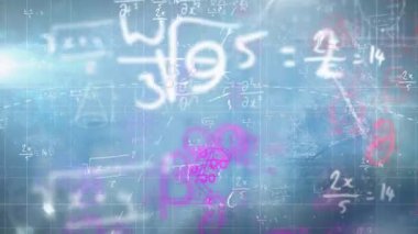 Geometrik şekilleri ve matematiksel denklemleri olan renkli soyut arkaplan animasyonu. Desen, yaratıcı, dijital, teknoloji