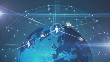 Avrupa 'yı gösteren dünya üzerindeki bağlantılar ve veri işleme animasyonu ağı. Global, teknoloji, dijital, iletişim, internet, fütüristik