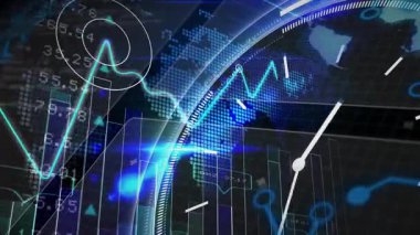 Finansal verilerin dijital animasyonu ve dünya haritası parlayan mavi grafiklerle örtüşüyor. Finans, analitik, küresel, ekonomik, hisse senedi, yatırım