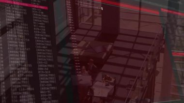 Modern mimarinin bilgisayar kodunu kırmızı ve siyah renklerle kaplayan animasyon. Teknoloji, mimari tasarım, yenilik, dijital, kodlama, fütürist