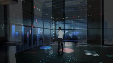 Finansal veri tahminleri, modern ofis ortamındaki iş profesyonelleri analiz ediliyor. Finans, analiz, strateji, şirket, teknoloji, yürütme