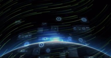 Dijital veri akışlarıyla Dünya 'nın yörüngesinde dönen fütüristik grafiklerin animasyonu. technology, global, Internet, network, link, innovation