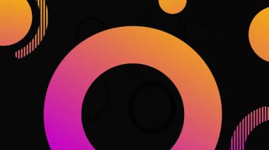 Parlayan yeşil yüzüklerin ve koyu arkaplanda renkli soyut şekillerin animasyonu. Dijital sanat, canlı, fütürist, modern, geometrik, yaratıcı