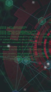 Kapsamlı tarama ve kara arkaplanda veri işleme animasyonu. küresel iş ve dijital arayüz kavramı dijital olarak oluşturulmuş video.