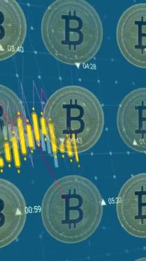 Bitcoin sembolleri üzerinde veri işleme animasyonu. Ukrayna krizi ve uluslararası politika kavramı dijital olarak oluşturuldu.