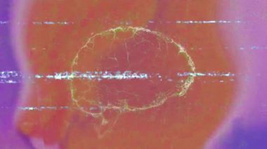 Renkli arka plan üzerinde hatalı etkileri olan dijital beyin modelinin animasyonu. Yapay zeka, sinir, teknoloji, fütüristik, yenilik, devre