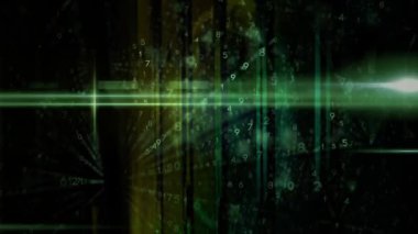 Teknolojik arkaplanda akan yeşil dijital verilerin ve numaraların animasyonu. Teknoloji, bilgi, ağ, matris, siber uzay
